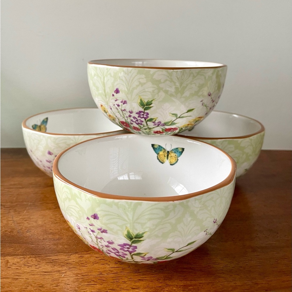 Set of 4 Pier One Botanical Garden Floral Earthenware Cereal Bowls 6” Excellent